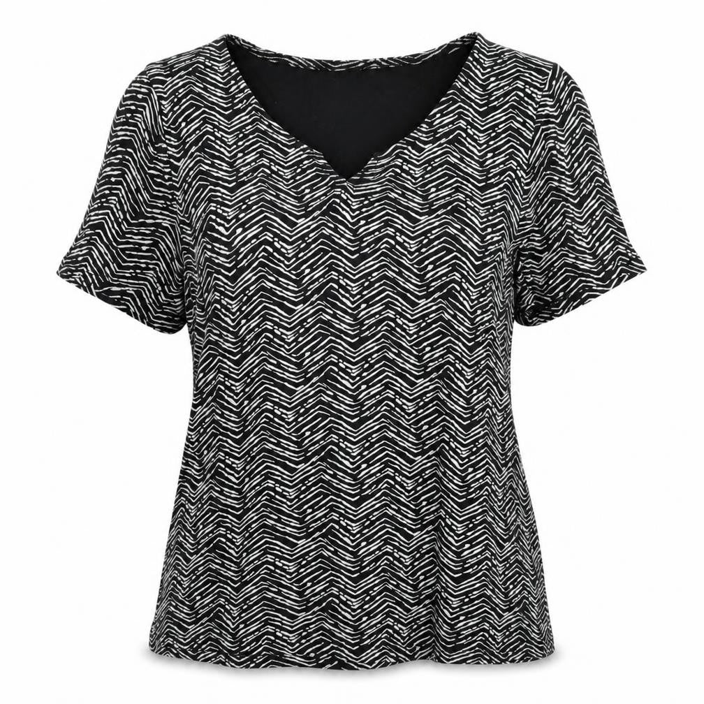 Front view of Love TEES Women's Black Geometric T-Shirt, size 14