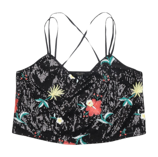 New Look Black Cropped Floral Sequin Camisole - UK 14