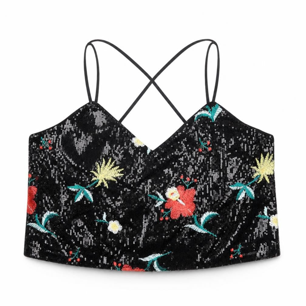 Front view of New Look Black Cropped Floral Sequin Camisole - UK 14