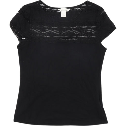 H&M Women's Black Lace Accent T-Shirt, Size S, Casual Style