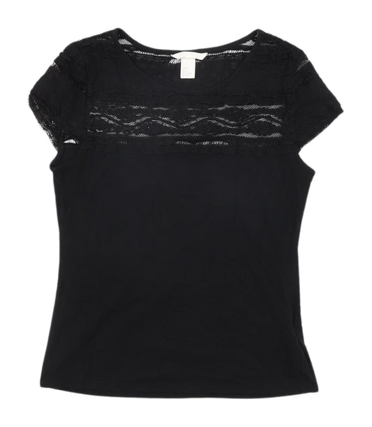 H&M Women's Black Lace Accent T-Shirt, Size S, Casual Style