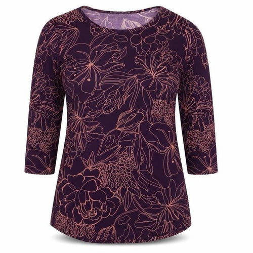 Mr Max Women's Purple Floral 3/4 Sleeve Jersey Blouse
