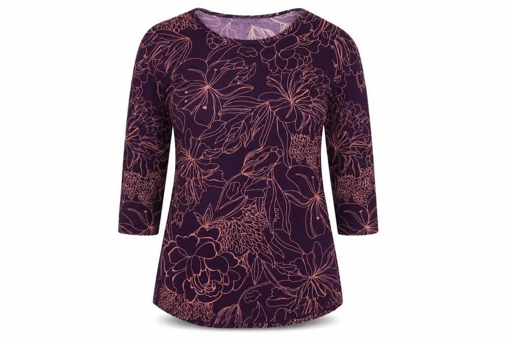 Mr Max Women's Purple Floral 3/4 Sleeve Jersey Blouse
