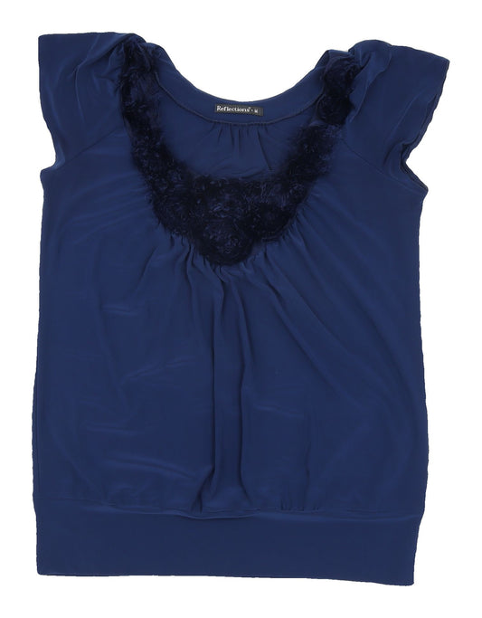 Reflections Women's Blue Blouse, M, Fur Trim V-Neck