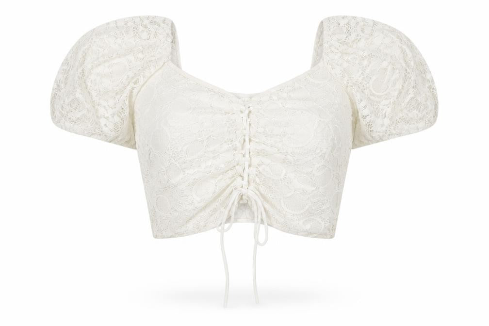 Front view of Topshop Women's White Lace Cropped Blouse UK 12