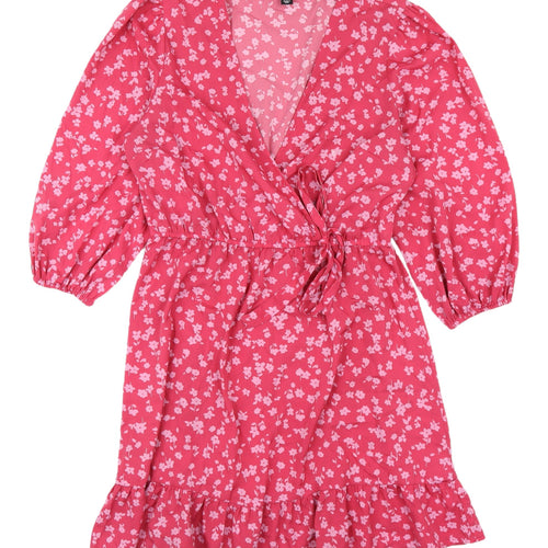 New Look Pink Floral Wrap Dress - Size 12