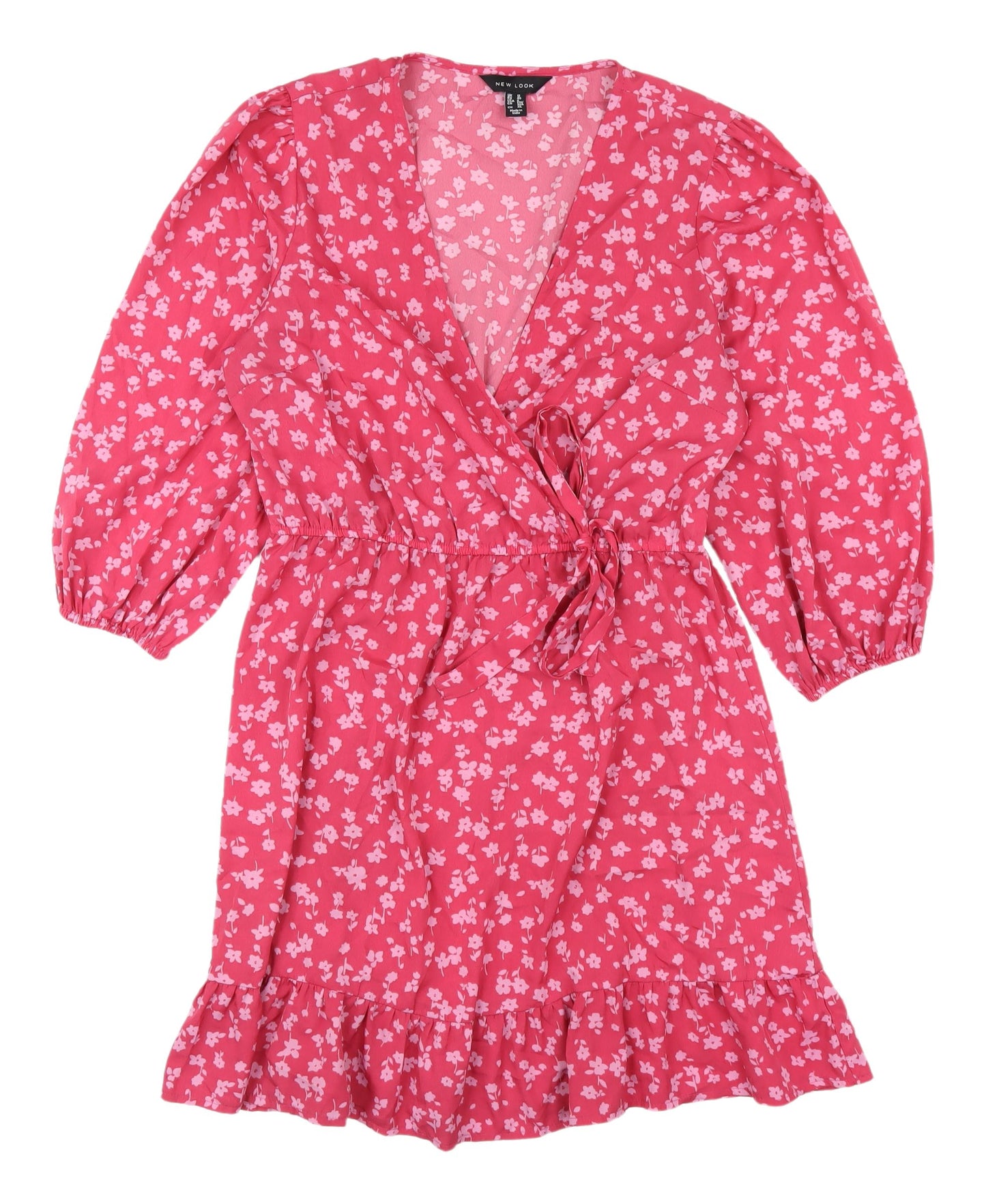 New Look Pink Floral Wrap Dress - Size 12