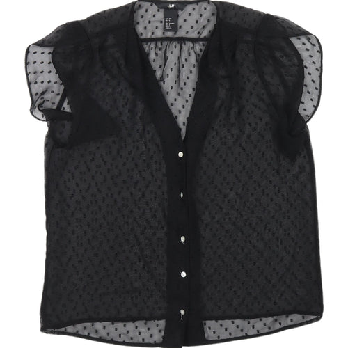H&M Black Polka Dot Sheer Blouse, Size 10, V-Neck