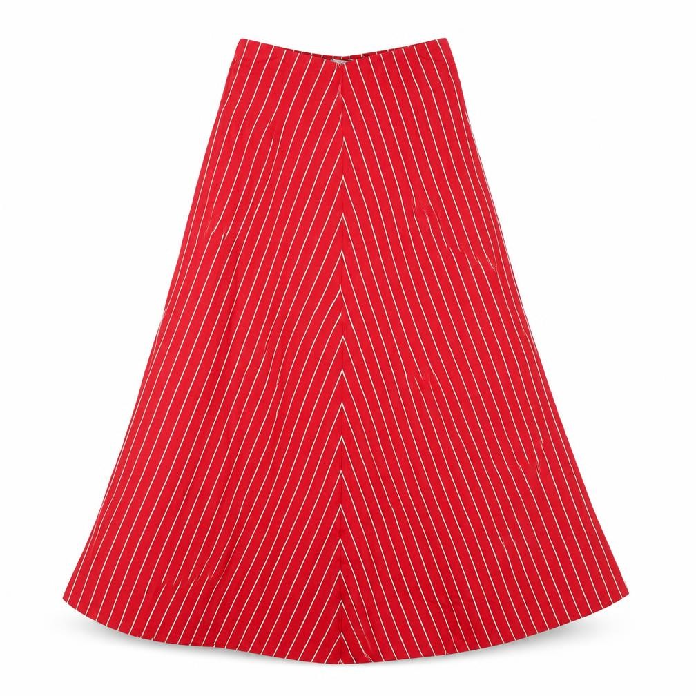 Front view of Mango Basics Women's Red Striped Flare Midi Skirt S
