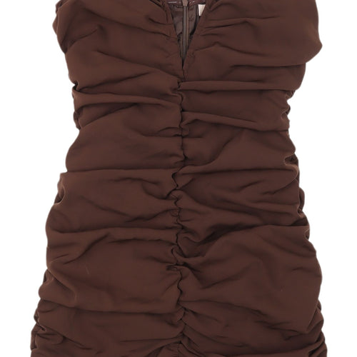 MISSPAP Brown Ruched Strapless Dress, Size 10