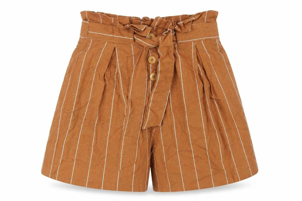 Front view of Miss Selfridge Women's Brown Striped Paperbag Shorts