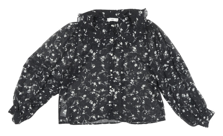 MNG Women's Black Floral Blouse, Size 12, Collared Chiffon