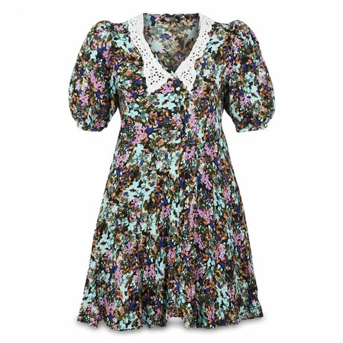 CREP Women's Floral Puff Sleeve Fit & Flare Dress L