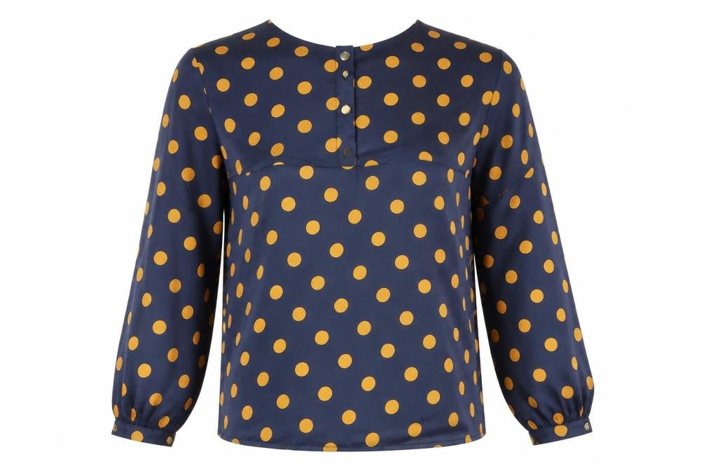 Front view of Louche Women's Blue Polka Dot Blouse, size 12