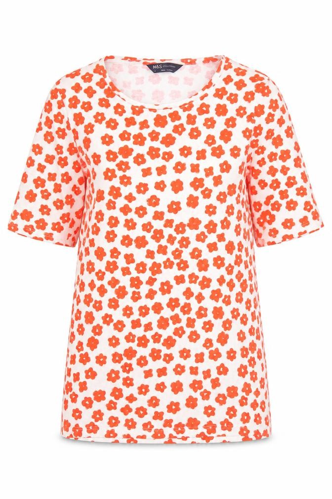 Front view of Marks & Spencer Women's Red Floral T-Shirt, size 10