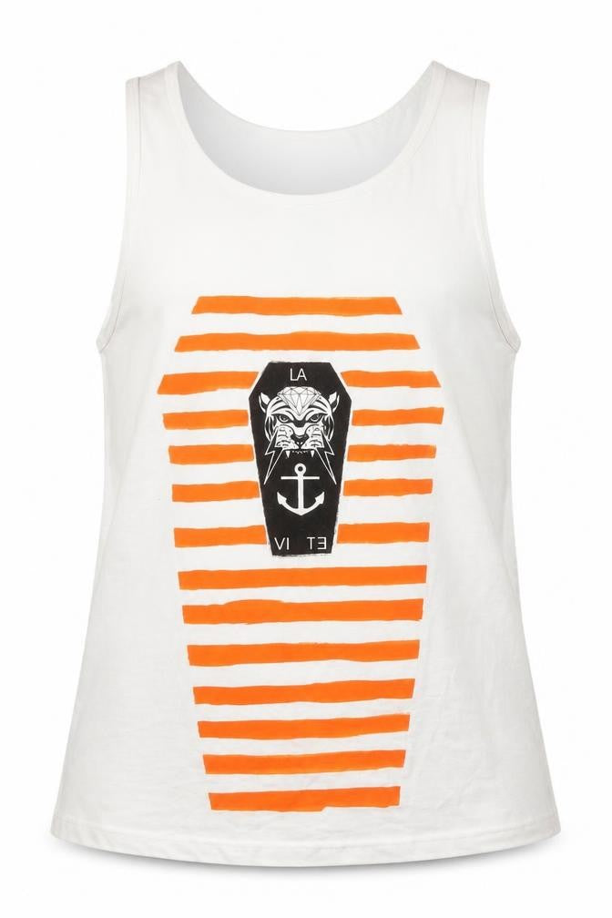 Front view of Violate Men's Nautical Stripe Sleeveless Tee - Large