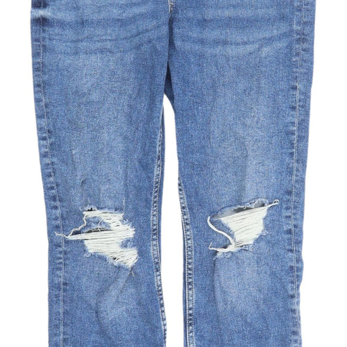 Women's High Waist Blue Straight Distressed Jeans, Size 8
