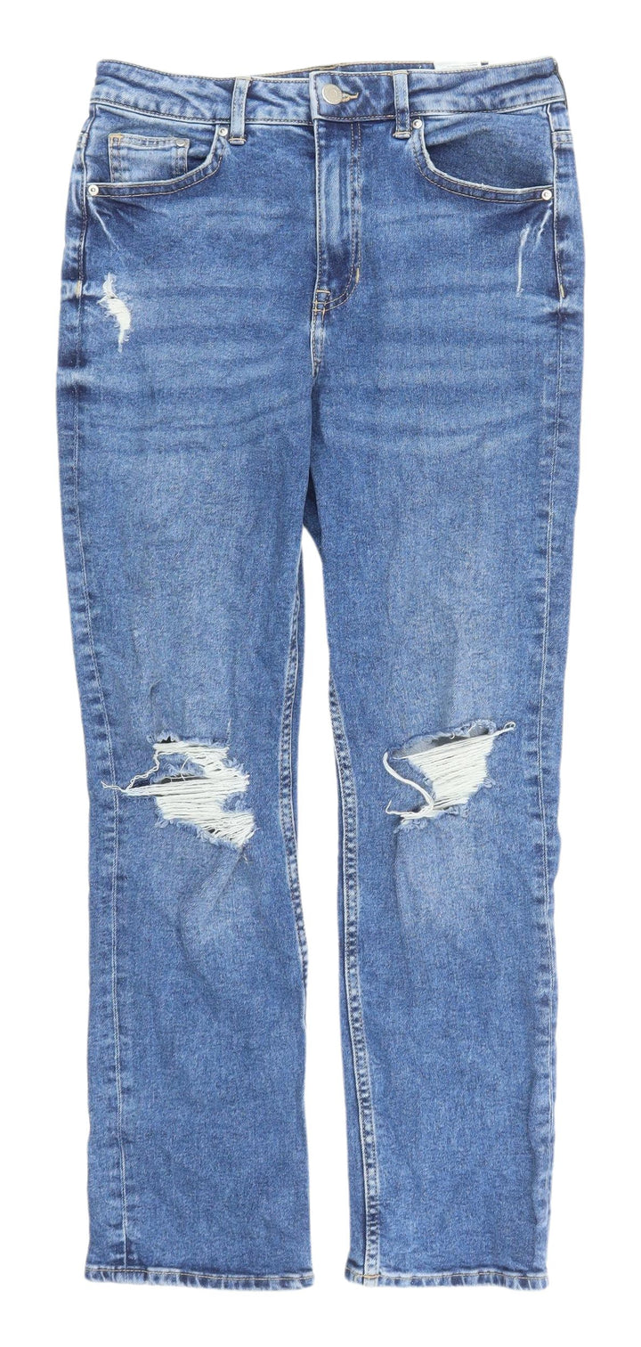 Women's High Waist Blue Straight Distressed Jeans, Size 8