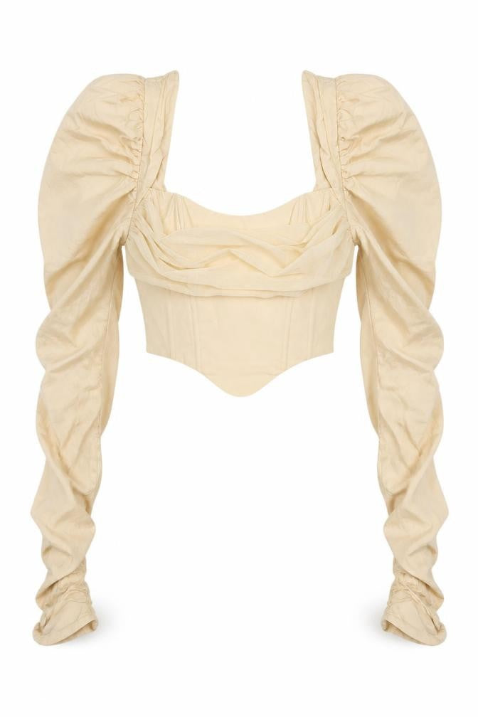 Front view of Oh Polly Women's Beige Cropped Top, size 6, Puff Sleeve