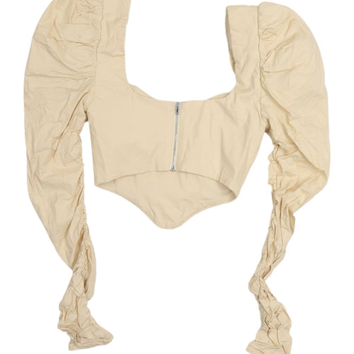 Oh Polly Women's Beige Cropped Top, Size 6, Puff Sleeve