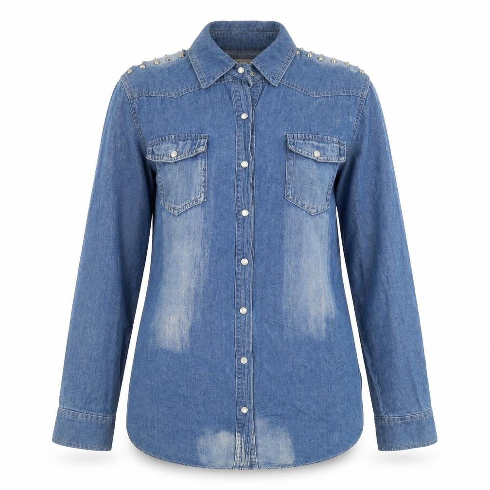 Front view of Jovonnista women’s blue denim button-up shirt, size UK 12