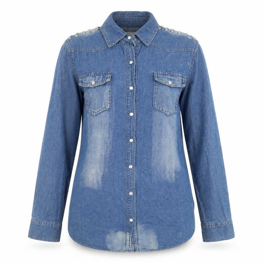 Front view of Jovonnista women’s blue denim button-up shirt, size UK 12