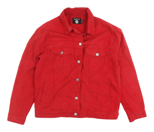 Boohoo Women's Red Denim Jacket Size 10