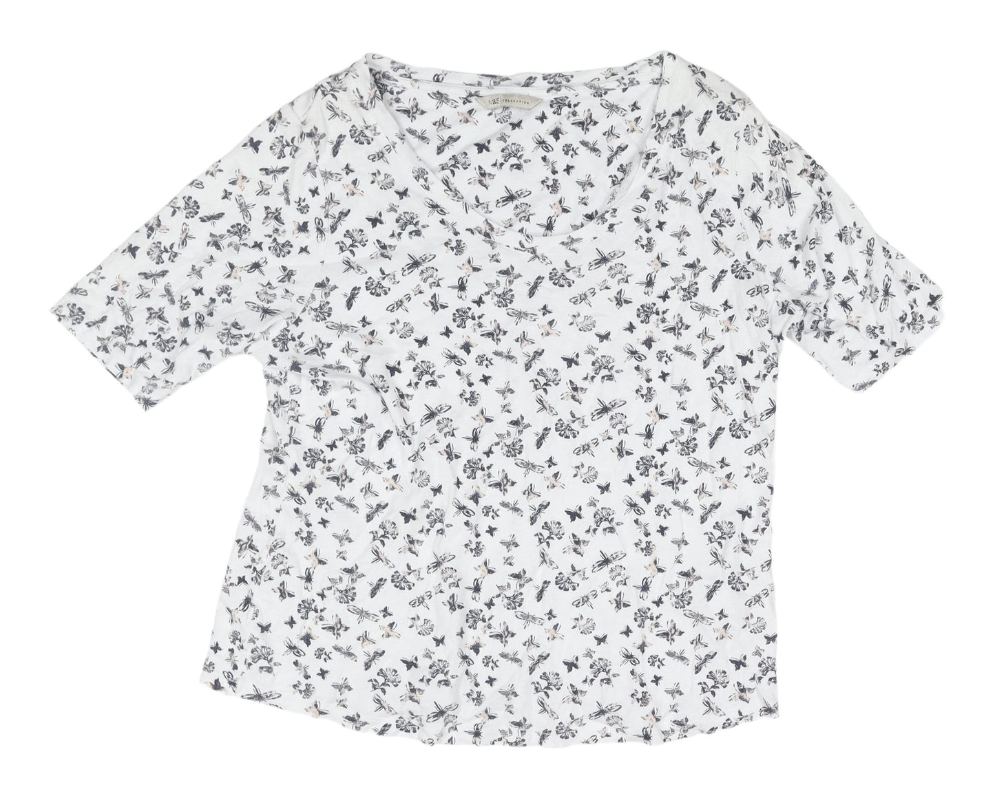 M&S Women's White Floral T-Shirt Size 18 V-Neck