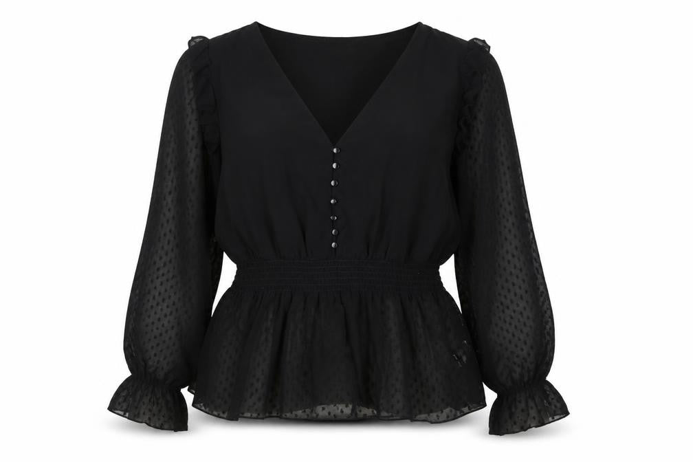 Front view of Boohoo Women's Black V-Neck Chiffon Blouse, size 18