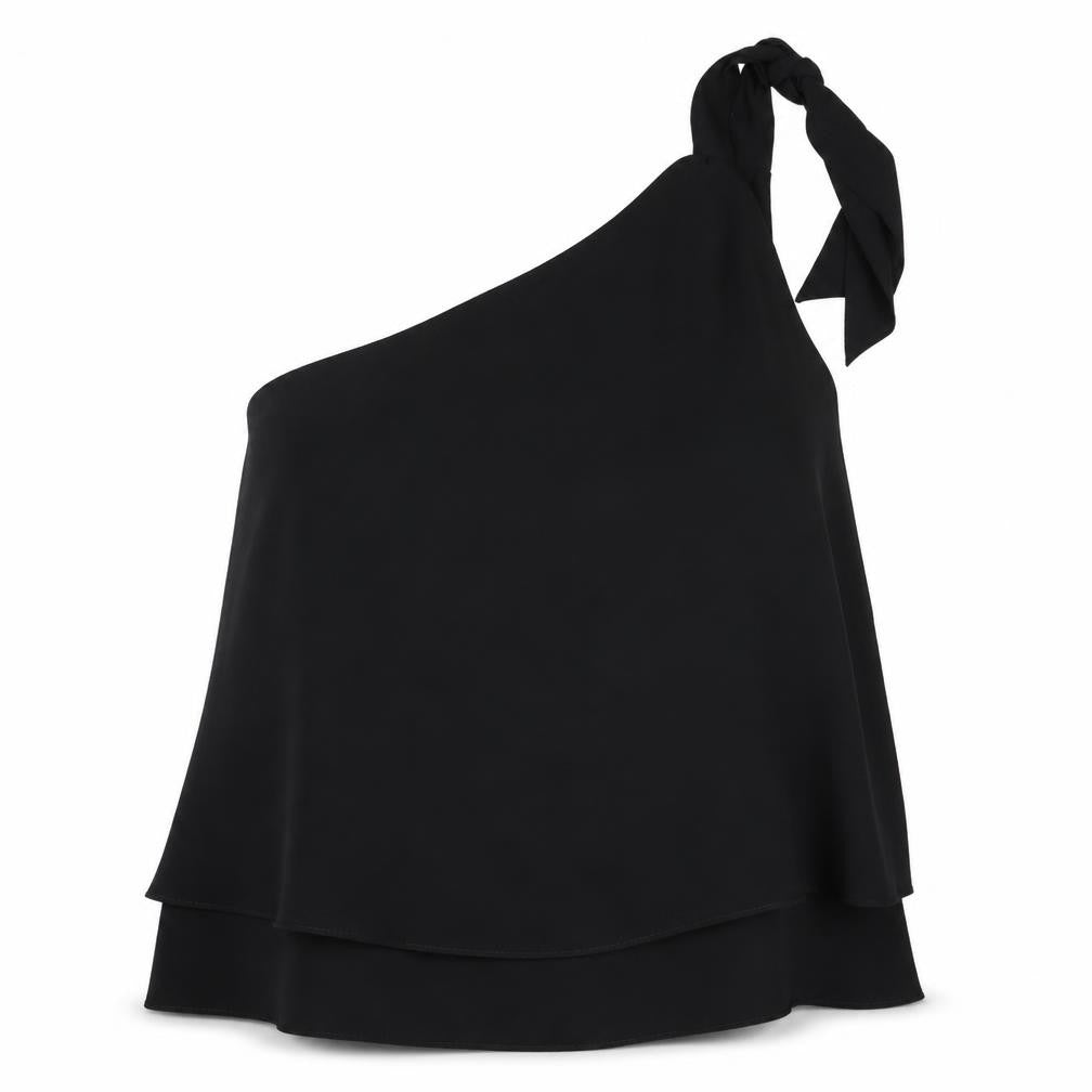 Front view of Meghan Women's Black One-Shoulder Camisole Tank Top