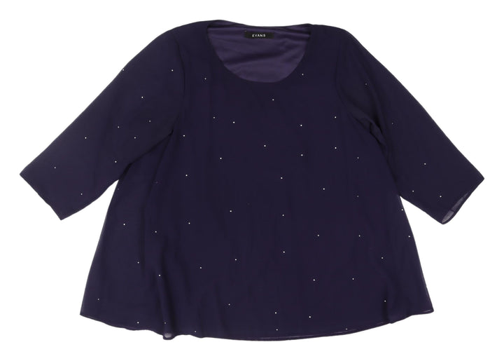 Evans Women's Blue Beaded Blouse, Size 16, 3/4 Sleeve, Scoop Neck
