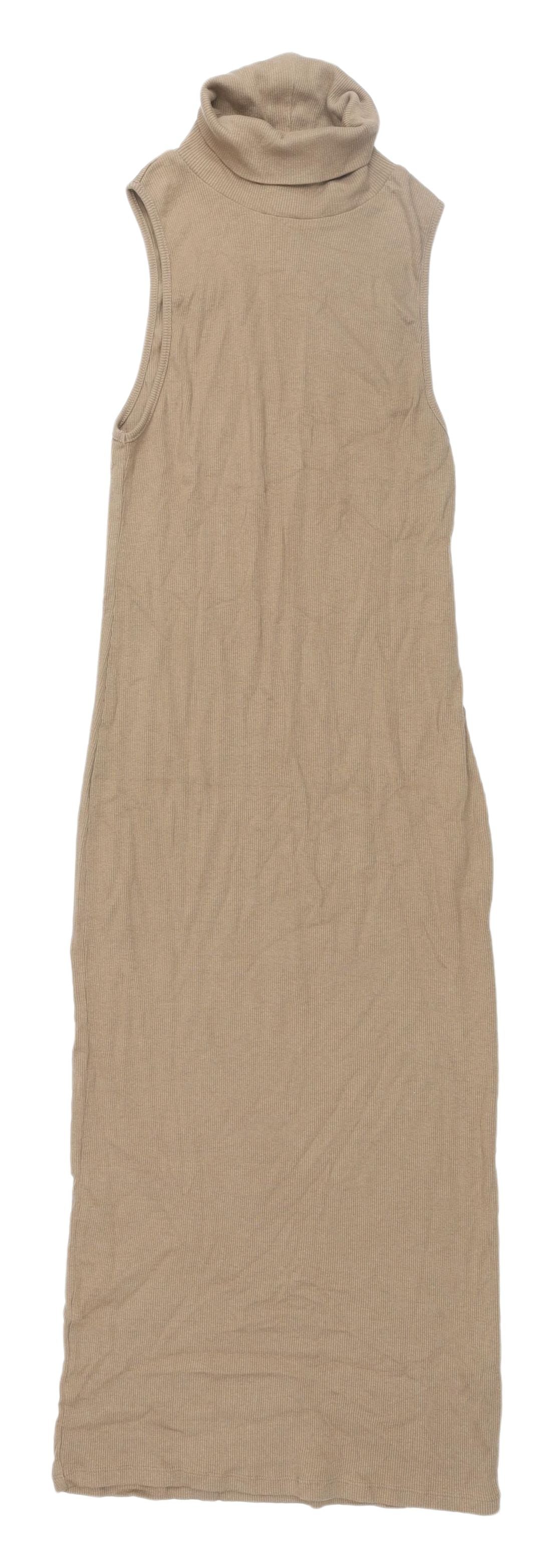 Zara Women's Beige Sleeveless Cowl Neck Dress M