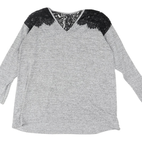 Lipsy Women's Grey Lace Accent Long Sleeve Top, Size 14