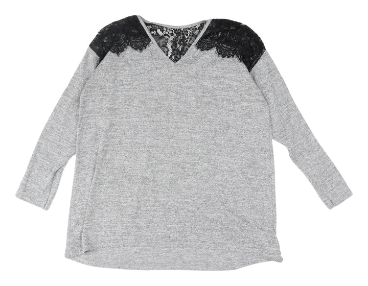 Lipsy Women's Grey Lace Accent Long Sleeve Top, Size 14