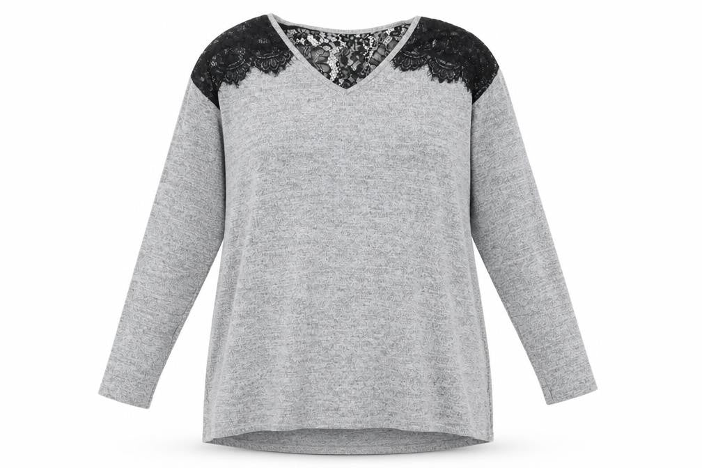 Front view of Lipsy Women's Grey Lace Accent Long Sleeve Top, size 14