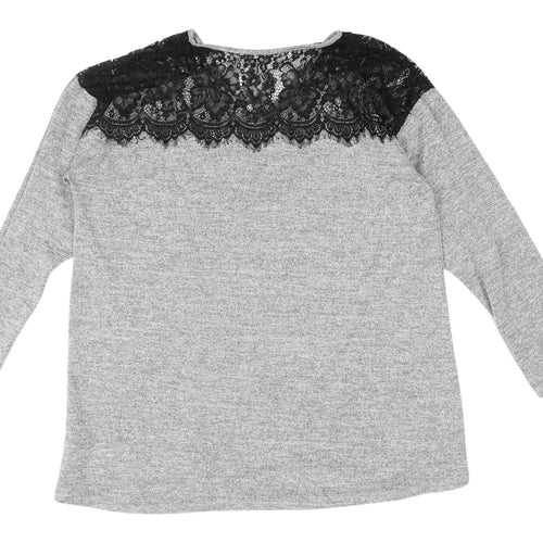 Lipsy Women's Grey Lace Accent Long Sleeve Top, Size 14