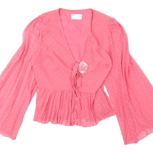 ASOS Pink V-Neck Ringer Blouse, Size 14, Bell Sleeve