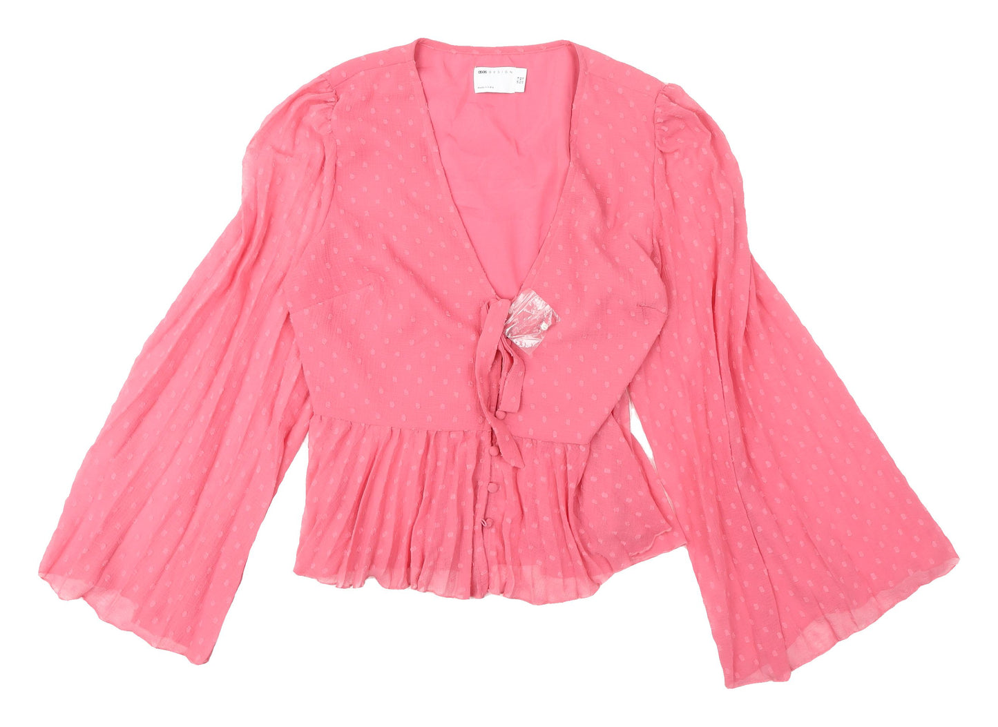 ASOS Pink V-Neck Ringer Blouse, Size 14, Bell Sleeve