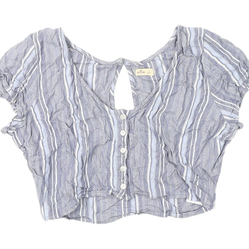 Hollister Women Blue Striped Cropped Blouse S