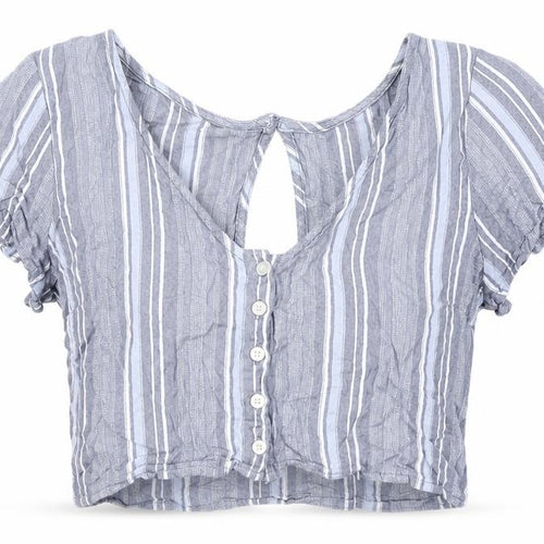 Hollister Women Blue Striped Cropped Blouse S