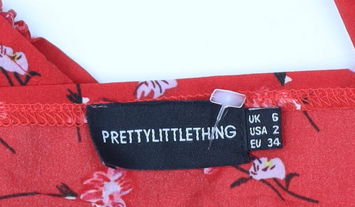 PrettyLittleThing Women's Red Floral Cropped Blouse