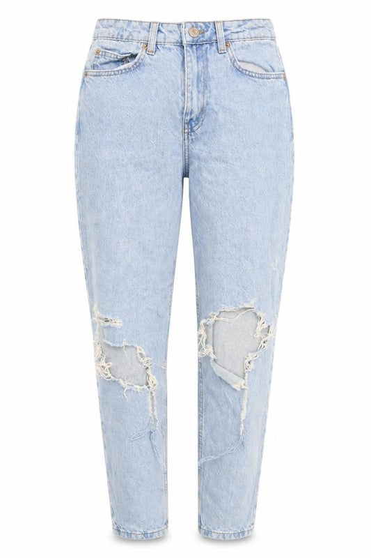 Front view of Primark Women's Blue Distressed Mom Jeans, size 10