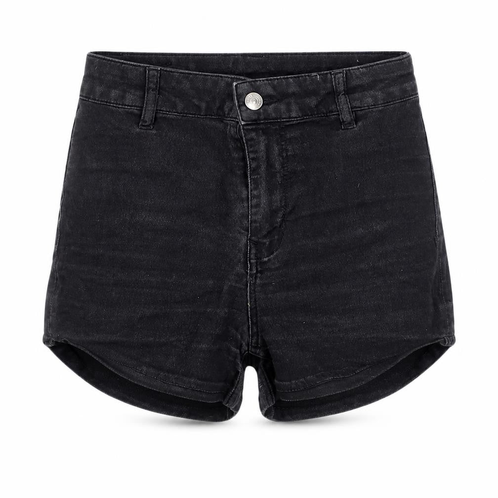 Front view of H&M Women's Black High-Rise Cut-Off Denim Shorts, size 8