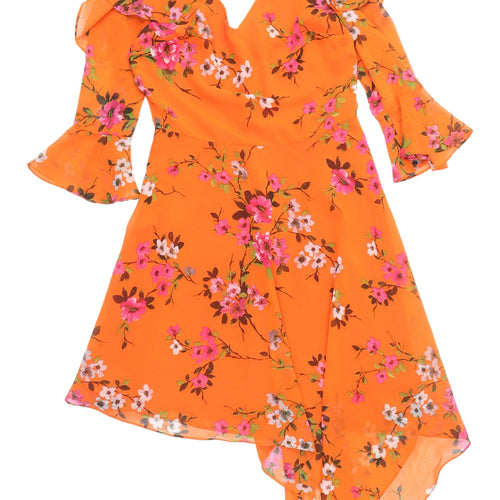 Miss Selfridge Orange Floral Asymmetric Dress, Size 8, Party