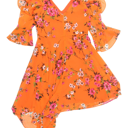 Miss Selfridge Orange Floral Asymmetric Dress, Size 8, Party