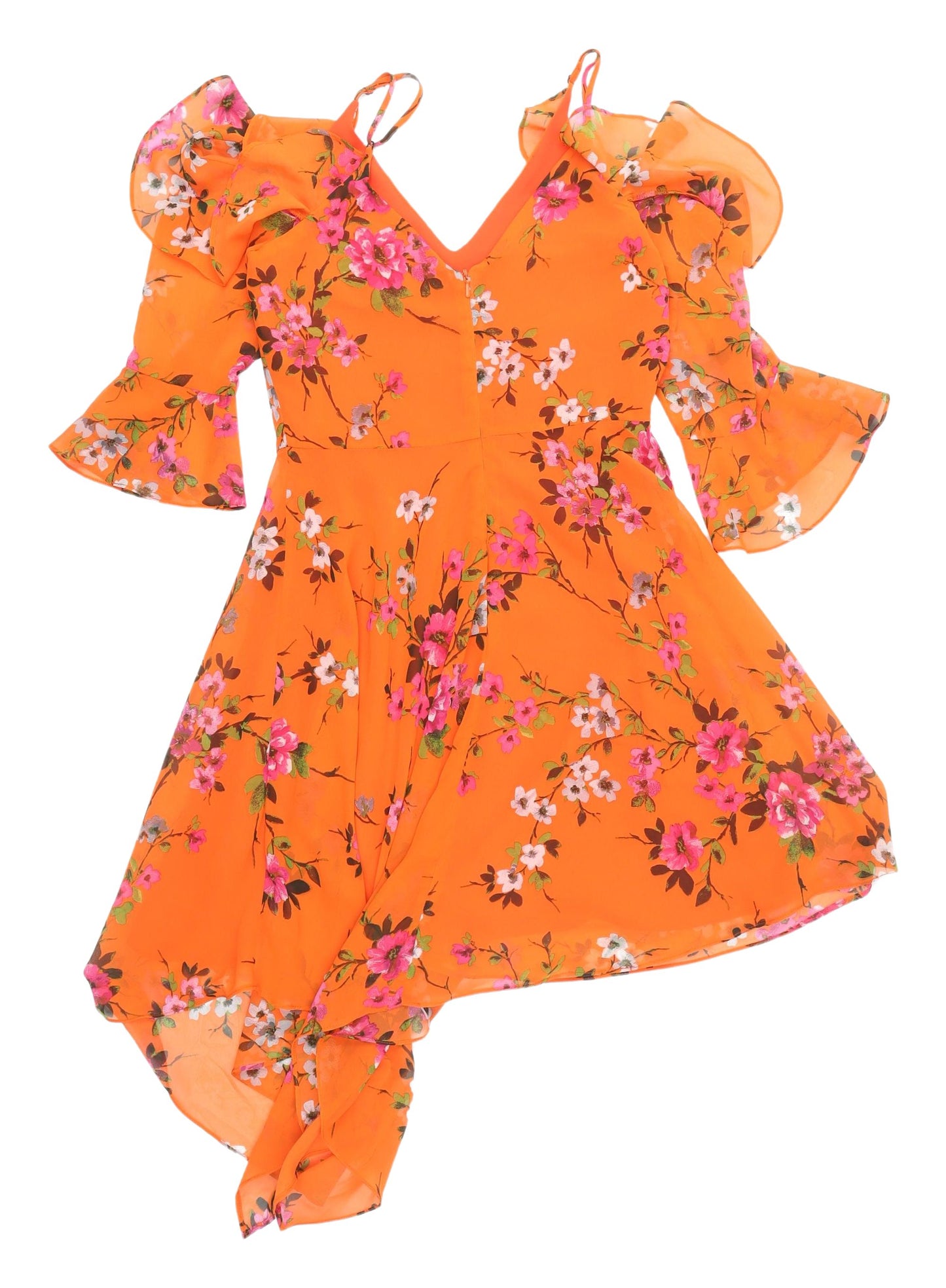 Miss Selfridge Orange Floral Asymmetric Dress, Size 8, Party