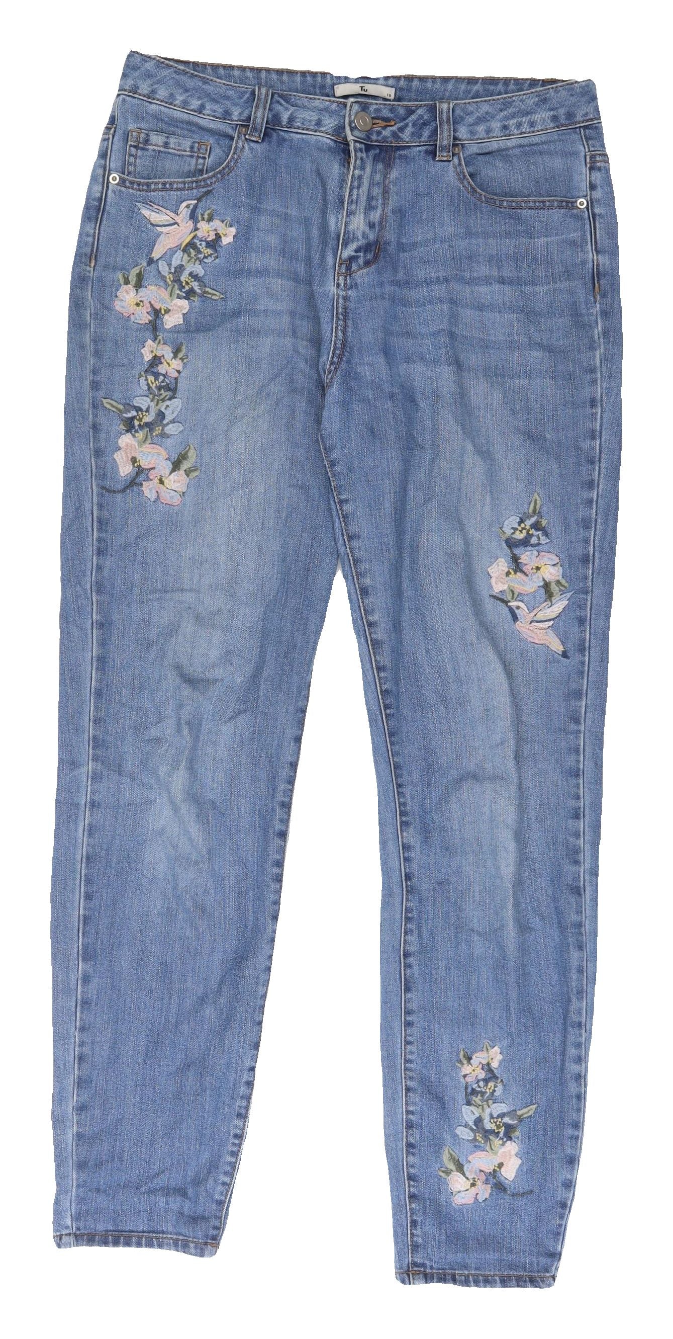 Tu Women's Blue Embroidered Straight Jeans Size 10