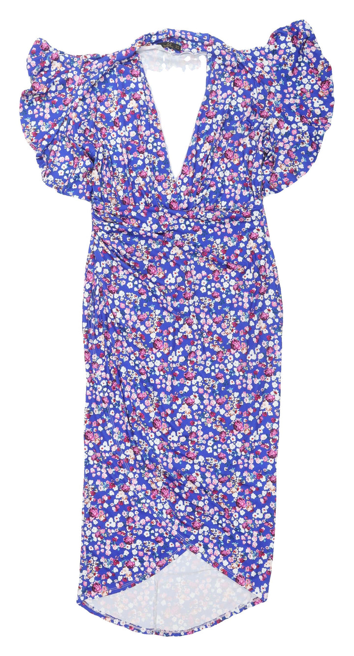 JQ by Jenerique Women's Floral Midi Blue Wrap Dress