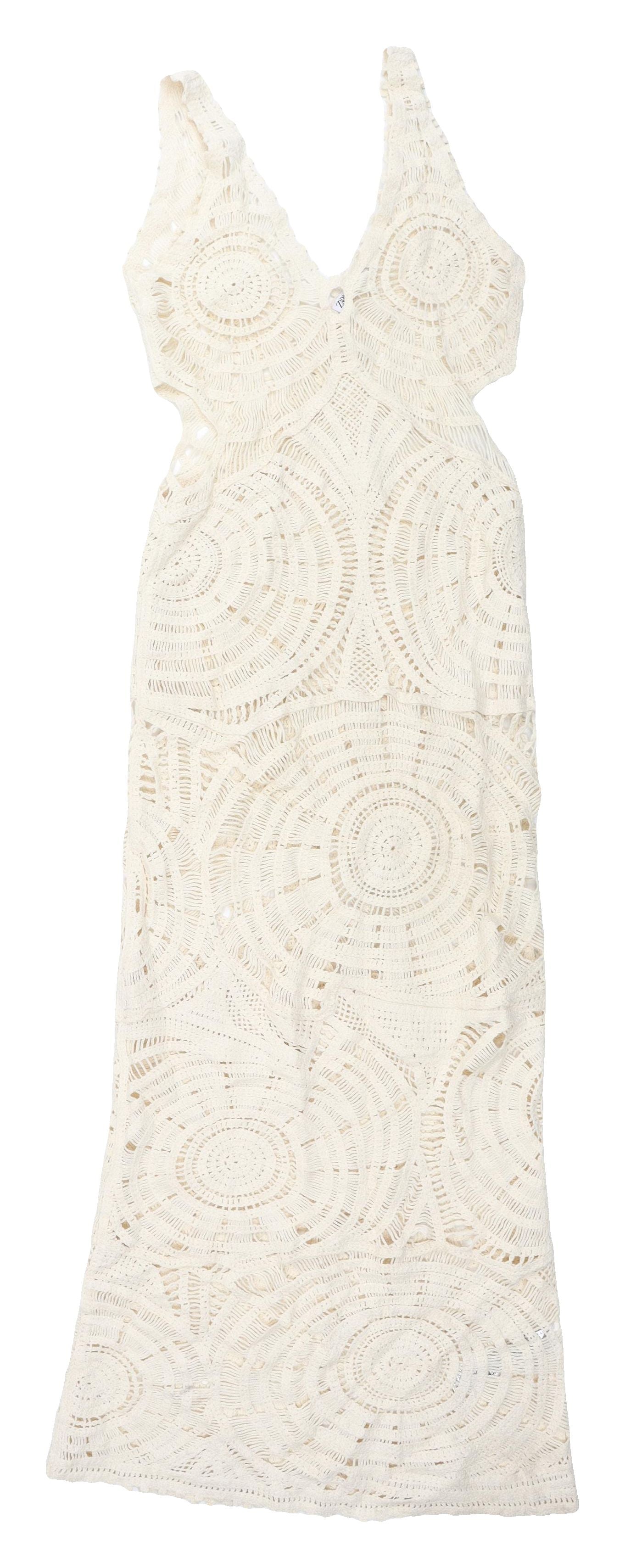 Zara Women's Ivory Crochet Midi Dress Size S V-Neck