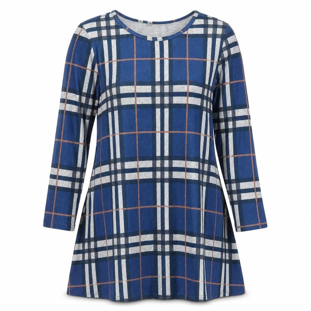 Front view of MIROL Women's Blue Plaid A-Line Dress XL